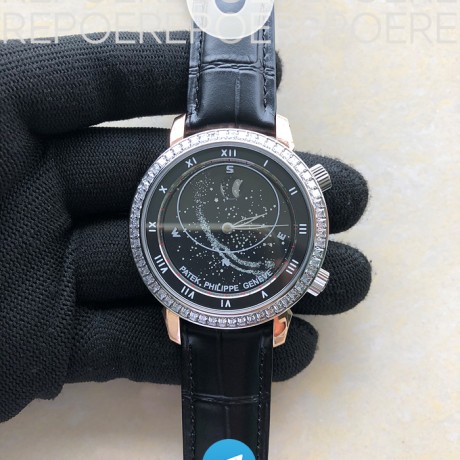 TW공장 파텍필립 6104P 문 로즈골드금장 블랙다이얼 다이아몬드베젤 가죽스트랩 6104P MOON RG BLACK DIAL DIAMOND BEZEL ON BLACK LEATHER STRAP A240 V2