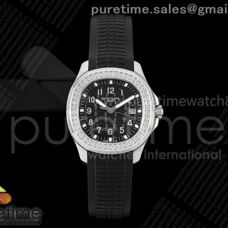 PP공장 파텍필립 아쿠아넛 5267 블랙다이얼 다이아몬드베젤 블랙러버스트랩 Aquanaut 5267 SS PPF 1:1 Best Edition Black Textured Dial on Black Rubber Strap Ronda Quartz