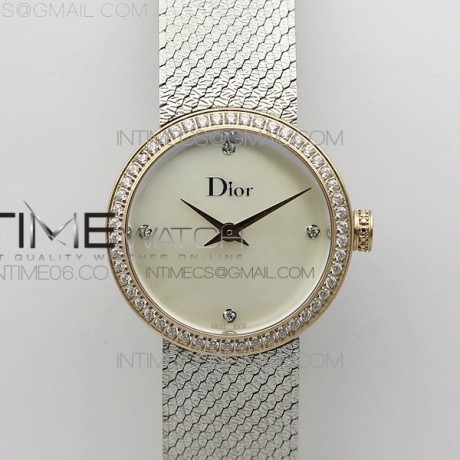 8848공장 디올 라 디 드 디올 로즈골드콤브 자개화이트다이얼 브레이슬릿 La d de dior satine SS/RG Crystal Bezel 8848F 1:1 Best Edition White MOP Dial on SS bracelet Swiss Quartz