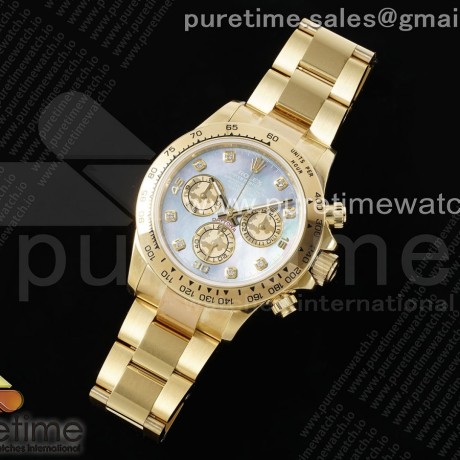 OM공장 롤렉스 데이토나 옐로우골드 금통 자개다이얼 Daytona 116508 YG OMF Best Edition Blue MOP Dial on YG Bracelet A7750 (Slim Movement)