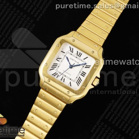 3K공장 까르띠에 산토스 미디움 35 옐로우골드금통 화이트다이얼 브레이슬릿 Santos de Cartier 35mm YG 3KF 1:1 Best Edition White Dial on YG SmartLinks Bracelet MIYOTA 9015