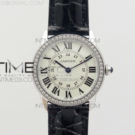 K11공장 까르띠에 롱드솔로 29MM 스틸&다이아케이스 화이트다이얼 가죽스트랩 RONDE SOLO DE CARTIER 29MM SS/DIA WHITE DIAL ON BLACK CROCO LEATHER STRAP RONDA QUARTZ