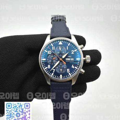 AZ공장 IWC 파일럿 크로노그래프 스틸 블루다이얼 오렌지핸즈 블루가죽스트랩 Pilot Chrono SS AZF 1:1 Best Edition Blue Dial Orange Hand on Blue Leather Strap A7750