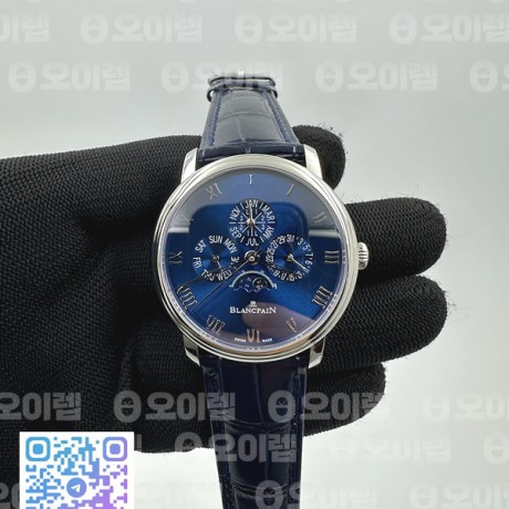 HR공장 블랑팡 빌레레 콴티엠 퍼페츄얼 6656 스틸 블루다이얼 가죽스트랩 Villeret Quantieme Perpetuel 6656 SS HRF Best Edition Blue Dial on Blue Leather Strap A5954