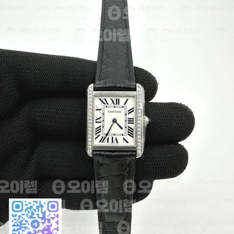 AF공장 까르띠에 탱크솔로 레이디즈 24MM 스틸 화이트다이얼 다이아몬드베젤 엘리스트랩 Tank Solo Ladies 24mm SS White Dial Diamonds Bezel on Black Crocodile Strap Ronda Quartz