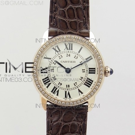 K11공장 까르띠에 롱드솔로 29MM 핑크골드&다이아케이스 화이트다이얼 브라운가죽스트랩 RONDE SOLO DE CARTIER 29MM RG/DIA WHITE DIAL ON BROWN CROCO LEATHER STRAP RONDA QUARTZ