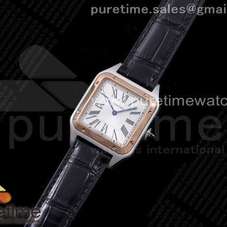 OX공장 산토스 32MM 로골콤비 실버다이얼 가죽스트랩 Santos 32mm SS/RG Silver Dial on Black Leather Strap Ronda Quartz