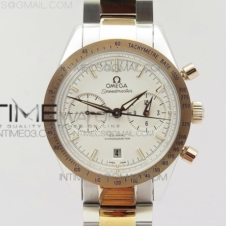OM공장 오메가 스피드마스터57 코엑시얼 화이트다이얼 로즈골드콤비 브레이슬릿 SPEEDMASTER '57 CO-AXIAL RG/SS WHITE DIAL WHITE MARKERS ON RG/SS BRACELET A9300 (FREE LEATHER STRAP)