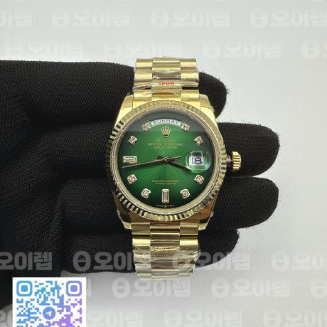 GM공장 롤렉스 데이데이트 36 옐로우골드 금통 그린다이얼 다이아몬드인덱스 2836 DayDate 36mm Flt Pres 904L YG/YG G-Grn/Dia GMF A2836