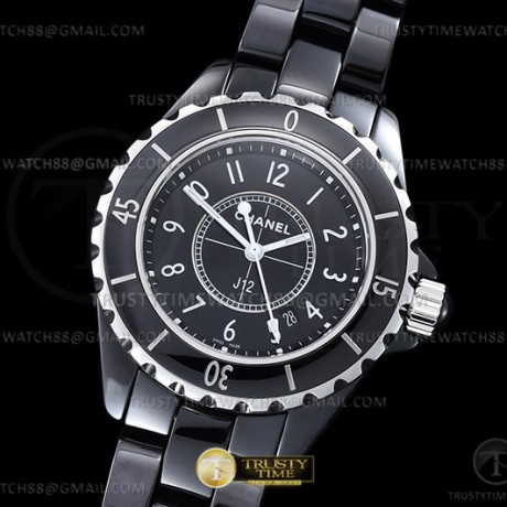 XF공장 샤넬 J12 블랙다이얼 33mm 여성용 J-12 Ladies 33mm CER/CER Blk/Num XF Sw Qtz