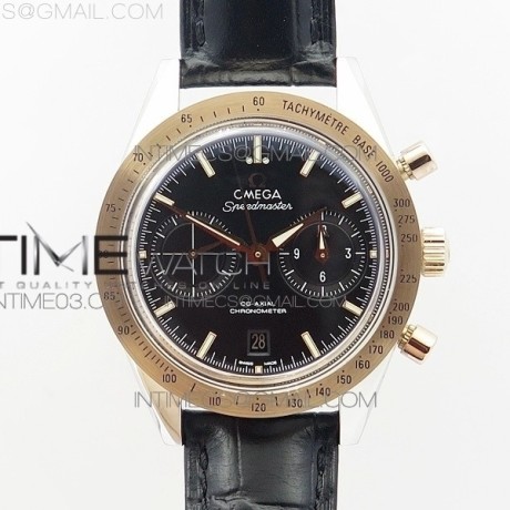 OM공장 오메가 스피드마스터57 코엑시얼 블랙다이얼 로즈골드콤비 가죽스트랩 SPEEDMASTER '57 CO-AXIAL RG/SS BLACK DIAL WHITE MARKERS ON BLACK LEATHER STRAP A9300 (FREE LEATHER STRAP)
