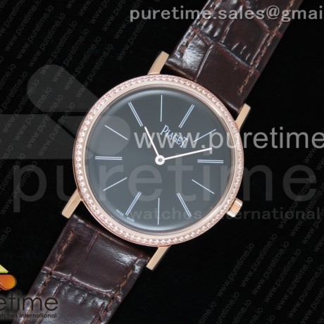 OX공장 피아제 알티플라노 로즈골드 금통 블랙다이얼 다이어베젤 가죽스트랩 Altiplano Watch RG Black Dial Diamonds Bezel on Brown Leather Strap MIYOTA 9015