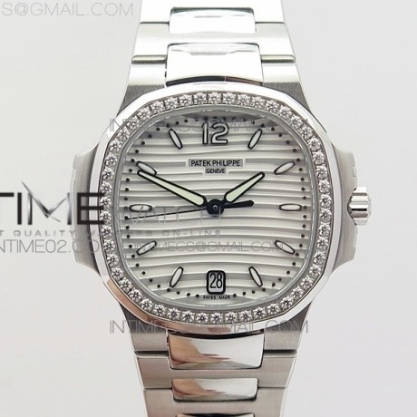 PF공장 파텍필립 노틸러스점보 레이디 7118 스틸 다이아몬드베젤 화이트다이얼 NAUTILUS JUMBO LADIES 7118 WHITE TEXTURED DIAL DIAMONDS BEZEL ON SS BRACELET A324 CLONE