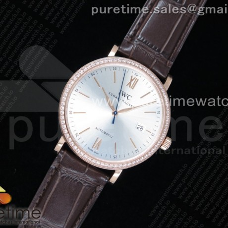 V7공장 IWC 포르토피노 로즈골드 금통 실버다이얼 악어스트랩 Portofino Automatic RG Diamonds Bezel Silver Dial SS Markers on Brown Croco Strap ETA2892