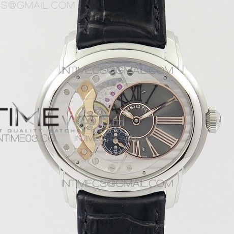 v9공장 오데마피게 밀레너리 스틸 스켈레톤다이얼 가죽스트랩 MILLENNIUM SERIES 15350 SS SKELETONAL DIAL II ON BLACK LEATHER STRAP A4101