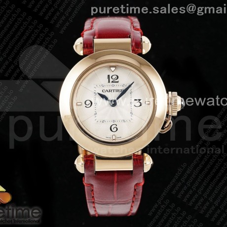 AF공장 까르띠에 파샤 30mm 로즈골드금통 화이트다이얼 레드가죽스트랩 Pasha 30mm RG AF 1:1 Best Edition White Textured Dial on Red Leather Strap Jaq Quartz