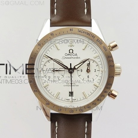 OM공장 오메가 스피드마스터57 코엑시얼 화이트다이얼 로즈골드콤비 가죽스트랩 SPEEDMASTER '57 CO-AXIAL RG/SS WHITE DIAL WHITE MARKERS ON BLACK LEATHER STRAP A9300 (FREE LEATHER STRAP)