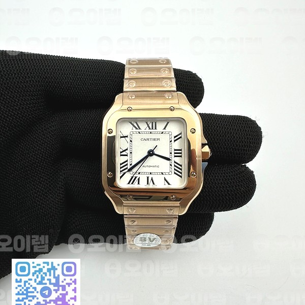 BV공장 까르띠에 산토스 2018 미디움 로골 화이트다이얼 스마트링크브레이슬릿 Santos De Cartier Ladies 35mm RG/RG Wht BVF MY9039
