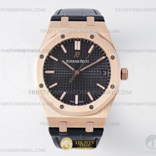 IP공장 오데마피게 로얄오크 15500 로즈골드금통 블랙다이얼 가죽스트랩 Royal Oak 41mm 15500 RG/LE Black IPF A4302