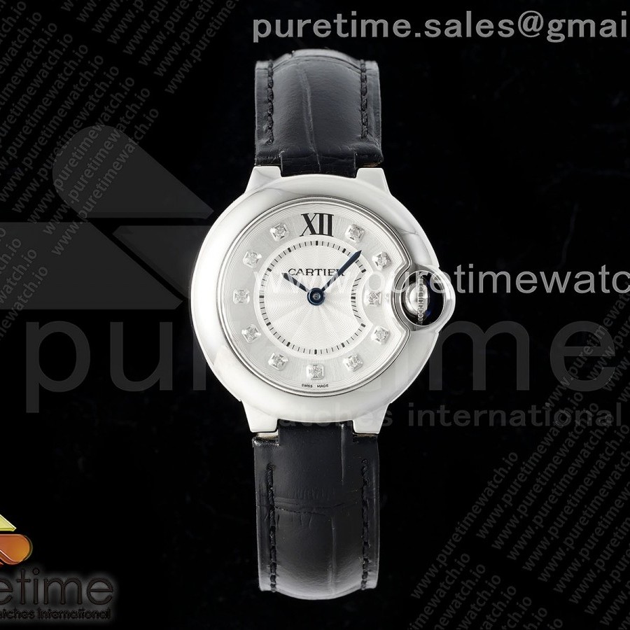 AF공장 까르띠에 발롱블루 28mm 다이아몬드다이얼 블랙가죽스트랩 Ballon Bleu Ladies 28mm SS AF 1:1 Best Edition White Diamonds Dial Bezel on Black Leather Strap Ronda Quartz