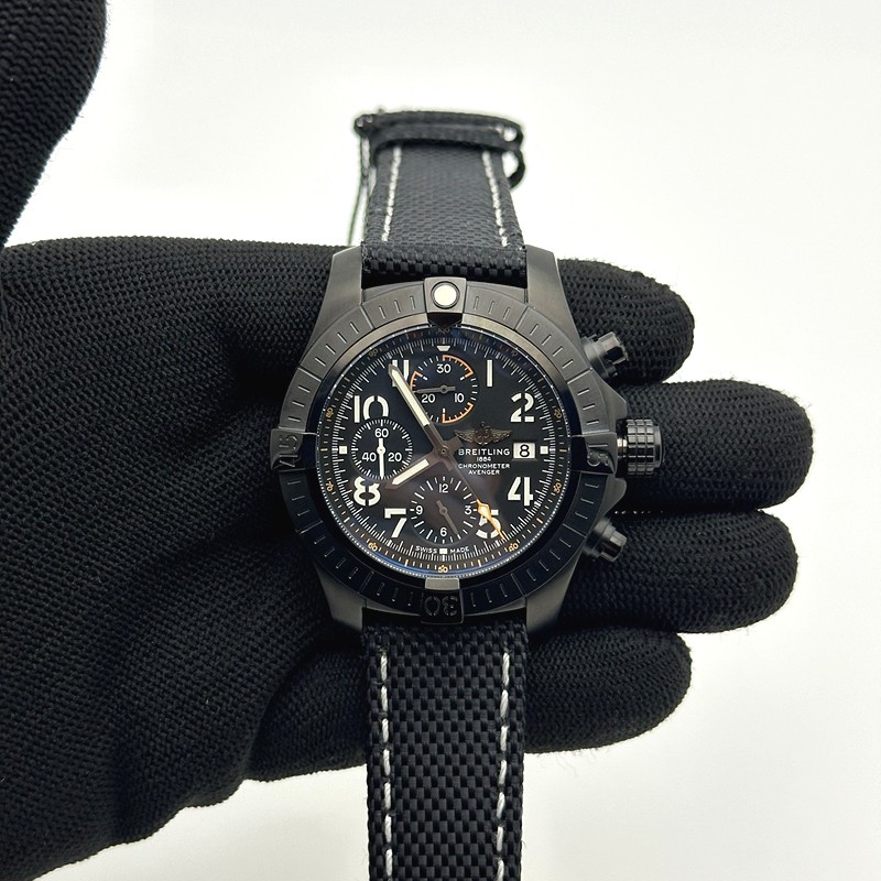 TF공장 브라이틀링 어벤져 크로노그래프 티타늄 블랙다이얼 직물스트랩 Avenger Chrono PVD Titanium TF 1:1 Best Edition Black Dial on Black Nylon Strap A7750