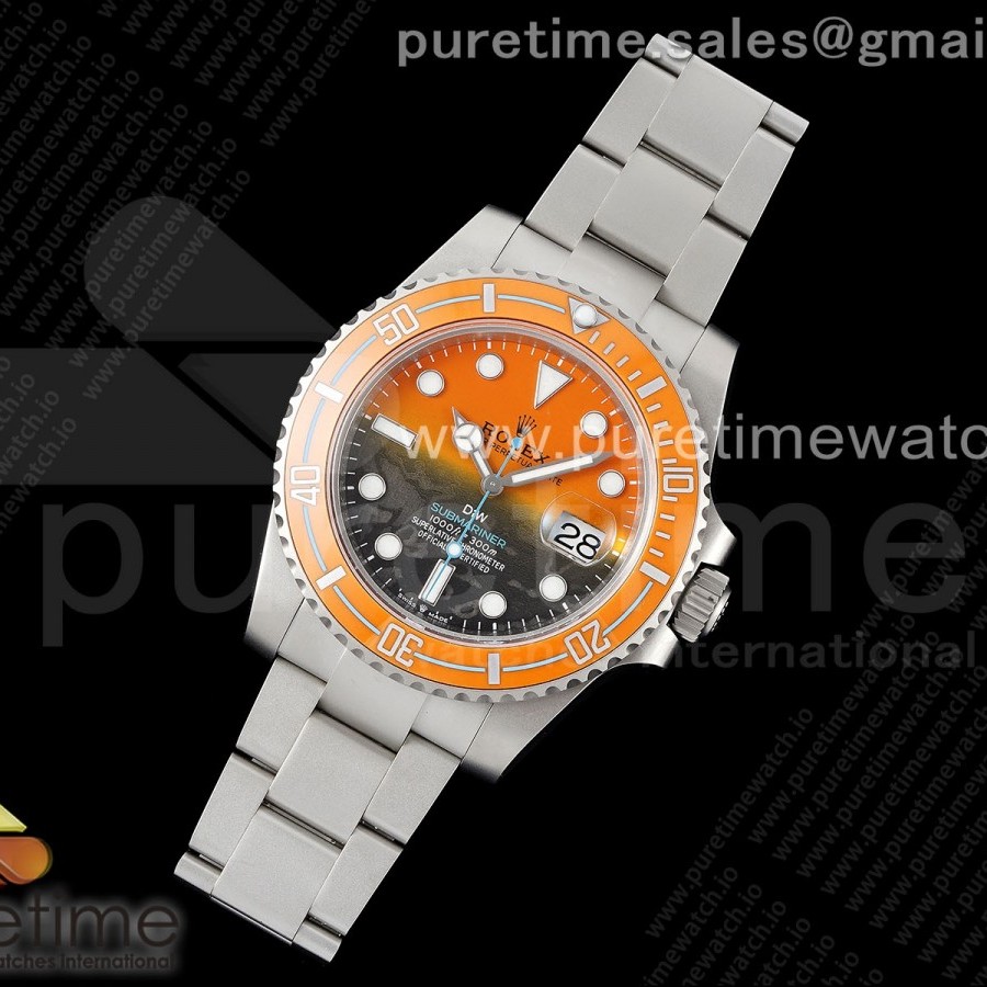 VS공장 롤렉스 서브마리너 스틸 DiW커스텀 옐로우그라데이션다이얼 브레이슬릿 Submariner DIW Sandblasted VSF 1:1 Best Edition Orange Ceramic Bezel Orange/Black Dial on SS Bracelet VS3135