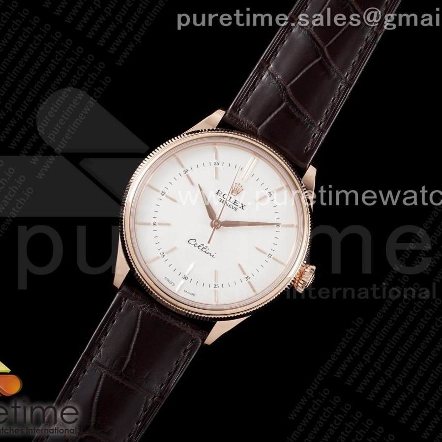 KZ공장 롤렉스 셀리니 로즈골드금통 화이트다이얼 가죽스트랩 Cellini RG KZF 1:1 Best Edition White Dial Stick Markers on Brown Leather Strap SA3132