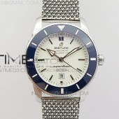 브라이틀링 슈퍼오션 헤리티지 스틸 화이트다이얼 블루세라믹베젤 매쉬밴드 SUPER OCEAN HERITAGE BLUE CERAMIC BEZEL SS WHITE DIAL ON SS BRACELET A2824